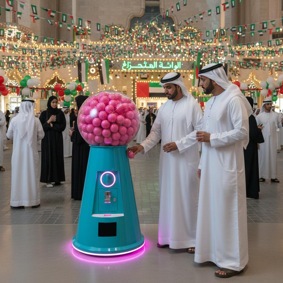 Interactive Gumball Machine at a Dubai brand activation event. Guests are playing and engaging with the sleek machine, creating memorable experiences.